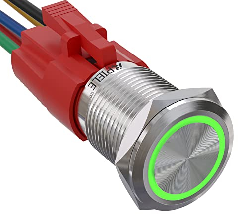 APIELE 16MM Verriegelung Druckschalter 12VDC 5A, Edelstahl mit LED Ringbeleuchtung wasserdicht Latch Drucktastenschalter mit vorverdrahtetem Stecker, Auto RV LKW Boot EIN/AUS Taste Schalter (Grün)