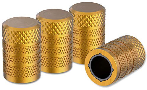 CKAuto Tire Valve Stem Caps, Golden Yellow, 4 pcs/Pack, Anodized Aluminium Tire Valve Cap Set, Corrosion Resistant, Universal Stem Covers for Cars Trucks Motorcycles SUVs and Bikes (Gold)