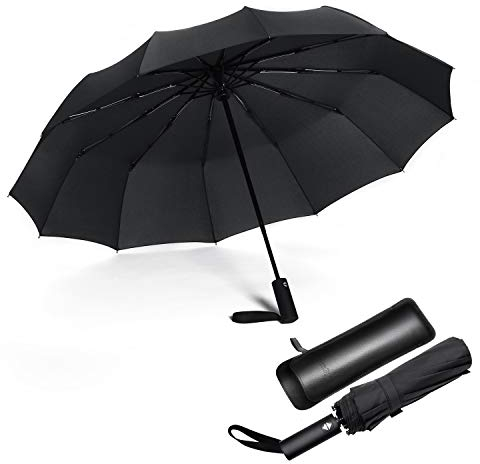 JIGUOOR Regenschirm Winddicht Reise Kompakt Regenschirm, 12 Ribs Starke Falten Regenschirm Automatische große Regenschirme, Wind beständiger Regenschirm mit Ledertasche_Schwarz