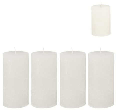 Candelo 4er Set Kerzen Ambiente Rustic Stumpenkerzen - Weiß - große Kerze 12cm - lange Brenndauer ca. 54 Stunden Weihnachtskerzen für Adventskranz