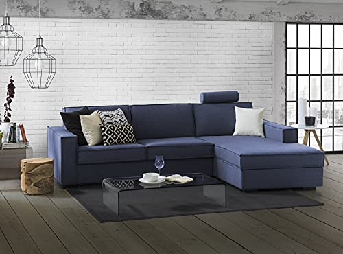 Talamo Italia - Schlafsofa mit Halbinsel Adela, drehbares Sofa zum Öffnen, Aufbewahrungshalbinsel rechts, Standardarmlehnen, 100 % Made in Italy, 280 x 95 x 90 cm, Blau