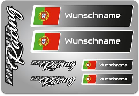 Finest Folia Juego de 4 pegatinas con bandera y nombre opcional – Vinilos para coche, bicicleta, moto, scooter y casco – Diseño Rally Racing R156 (23 Portugal, con nombre)