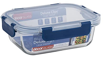 Décor Deluxe Clips Glass Food Storage Container with Split Compartments, BPA-Free Airtight & Leakproof Lid Storage Container, Dishwasher, Freezer & Microwave Safe, Odour Resistant Glass Jar, 630ml