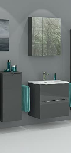 Naka Badmöbel Set mit Waschtisch Waschbecken Keramik ADEL 60 cm Spiegelschrank und Unterschrank | Bad Möbel Modern Set aus Spanplatten und MDF | Badezimmermöbel Set Grau Hochglanz Soft-Close