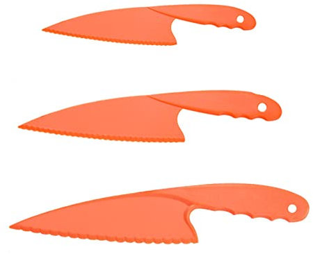 Cheeroyal Ensemble de 3 couteaux de cuisine en plastique, couteaux de cuisine en nylon colorés sûrs pour enfants, pour salades de laitue, gâteaux ou fruits (orange)