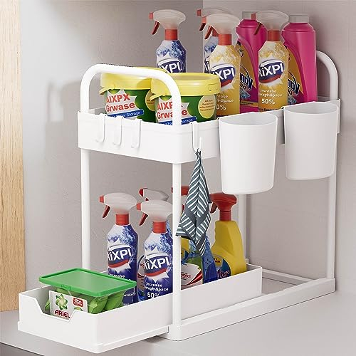 2 Tier Under Sink Storage,Under Sink Organiser with Bottom Sliding Basket Drawer,4 Hooks,2 Hanging Cup,Multi-Purpose Under Sink Cabinet Organiser for Bathroom Kitchen Countertop,White