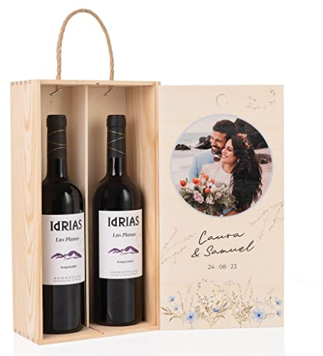 Wanapix | Pack Caja de Vino Personalizada con 2 Botellas de Vino para Regalar | Vino Ecológico + Caja de Vino Personalizada | Vino Regalo Ocasional Perfecto (Caja Doble, 1 Tinto + 1 Blanco)