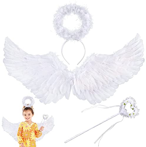 3 Stück Engelsflügel Weiß, Engel Kostüm, Engelsflügel Deko, Engel Kostüm Damen, Engel Kostüm Kommt mit Heiligenschein und Zauberstab Kostüm für Halloween Fasching Maskerade Neujahr Geburtstag (A)