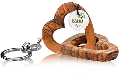 Kassis Geschenkartikel Olivenholz - Schlüsselanhänger Herzen für Brautpaar, zum Valentinstag, Jubiläum, Hochzeitstag, Geburtstag - verbundene Holz-Herzen - Hochzeitsgeschenk - (5 cm)