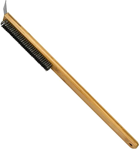 BLOSUM Pizza Oven Brush,Pizza Stone Cleaning Brush with Scraper,Barbecue Grill Cleaning Tool with Wood Handle, BBQ Grill Cleaner Barbecue Oven Brushes Outdoor Pizza Oven Accessories (A)