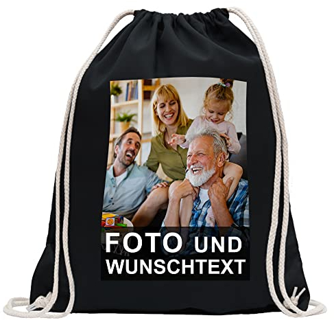 Kiwistar Wunschtext mit Foto - Rucksack personalisiert und bedruckt - Turnbeutel Fun Sport Beutel Gymsack Baumwolle mit Ziehgurt
