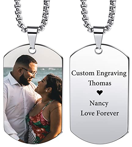 INBLUE Collier Pendentif Personnalisé Dog Tag Gravure Date/Texte/Photos Collier Personnalisé en Acier Inoxydable pour Hommes Femmes Garçons Filles Bundle avec Chaîne Réglable, Porte-clés