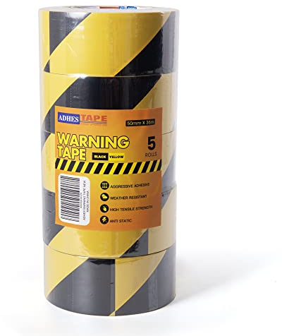 ADHES Gefahrenband, Sicherheitswarnung, gelb, schwarz, gestreift, PVC, selbstklebend, Vorsichtsklebeband, für Bodenmarkierung, Wände, Rohre und Gerätemarkierung, 5 cm x 32 m, 5 Rollen
