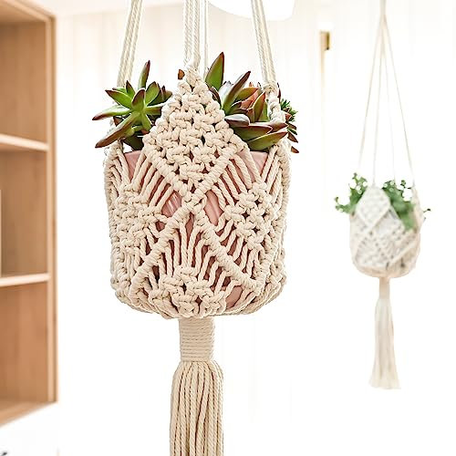 XINBOR Hanging Planter with Patterns,2Packs Macrame Plant Hangers Indoor Macrame for up to 8 inch Pot Crochet Boho Plant Hanger Holder for Indoor Outdoor with 2S Shaped Stainless Steel Hooks (White)
