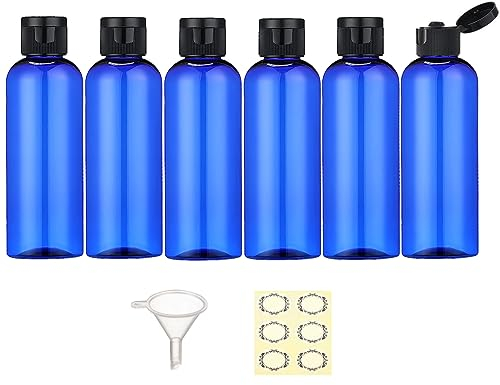 Apstaqeoo 6PCS 100ML Plastic Travel Bottles with Flip Cap Empty Squeeze Bottles Blue Refillable Travel Container with 1 Funnel & 6 Labels TSA Approved for Liquids Lotion Shampoo Toiletries Cosmetic