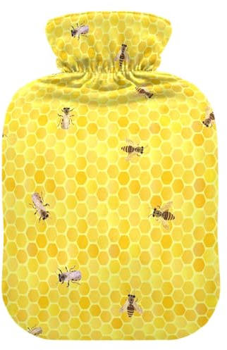 Bienen auf Gelb Waben-Wärmflasche zur Schmerzlinderung, Wärmflaschen mit Bezug Füße und Bettwärmer, Wärmflasche, Wasserbeutel für Sportverletzungen, 1L