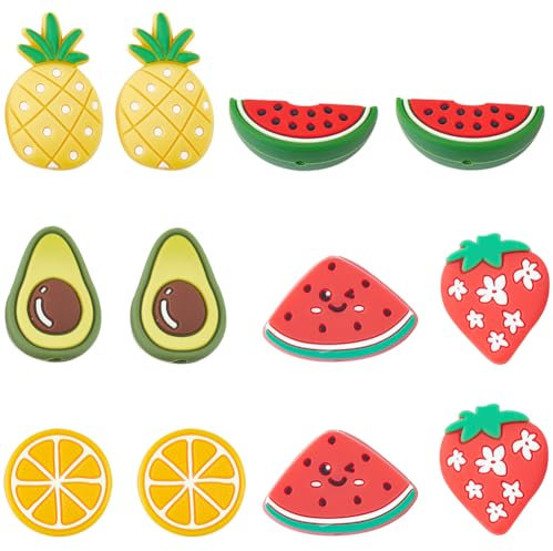 SUNNYCLUE 6 styles 12 pcs Perles de Silicone de Fruits Perles Focales en Silicone en Vrac Grandes Breloques Souples en Caoutchouc 3d Mignonnes Percées au Centre Grosses Perles D'Espacement en Vrac pou