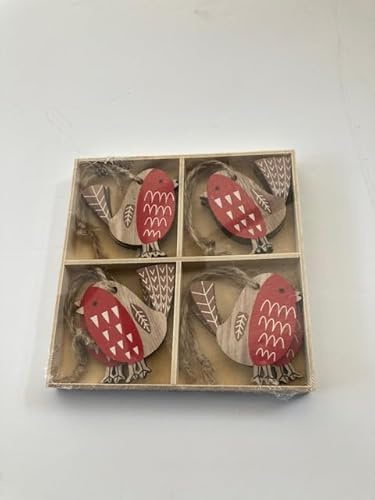 Gisela Graham Box of 8 Wooden Robin Christmas Tree Decorations