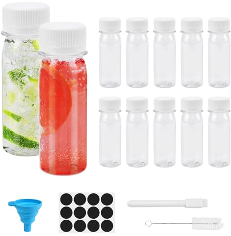 ADERTOS 12PCS Bouteilles de Jus en Plastique 60ML Mini Bouteille Réutilisable Mini Bouteilles de Shot Bouteilles Miniatures bouteilles en plastique avec couvercles Pour jus de Fruits, Gingembre
