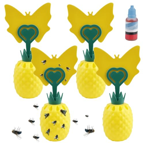 4X Fruchtfliegenfalle, Fruchtfliegenfalle Innenbereich mit Lockstoff, Ungiftige Wiederverwendbare Fliegenfalle für Fruchtfliegen mit Gelbsticker, Obstfliegenfalle für Küche/Wohnzimmer/Anlage