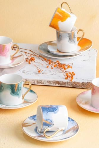 Set de tasses à café 90 ml ronde anse dorée en porcelaine colorée avec soucoupe, 12 pièces 6 personnes, 6 tasses à expresso et 6 sous-tasses, tasses à moka, tasses à expresso