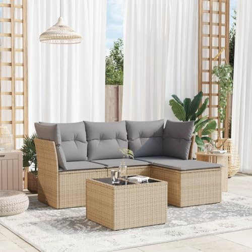 QJBSAVVA 5-TLG. Garten-Sofagarnitur, Balkonstühle Essgruppe Balkon Sessel Eckbankgruppe Geeignet für Wenig Platz Außen Balkon Garten mit Kissen Beige Poly Rattan