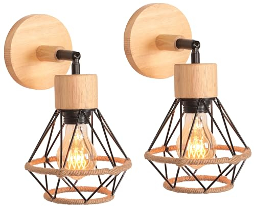 TOKIUS 2 Stücke Wandlampen Vintage 16CM Wandleuchte Innen im Industrial Design Retro E27 Lampe aus Holz Eisen Käfig Lampenschirm mit Hanfseil Verstellbare Deckenleuchte für Flur Wohnzimmer (Schwarz)