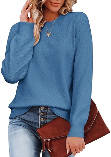 Zeagoo Femme Hiver Élégant Pull Doux et Confortable Côtelé Tricot Encolure Ras du Cou Sweater Manches Longues Chaud Top Bleu S