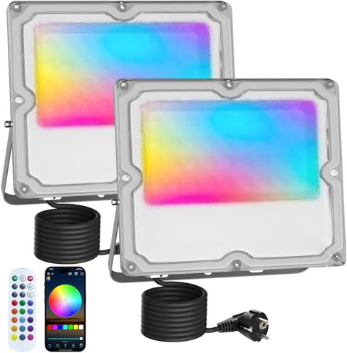 MEEKBOS 2 Piezas Foco LED RGB Exterior 30W, Regulable Foco LED con APP Bluetooth y Mando a Distancia 2.4G, IP66, 16 Millones de Colores DIY, Para Jardín, Fiestas, Pascua, Halloween, 3000LM