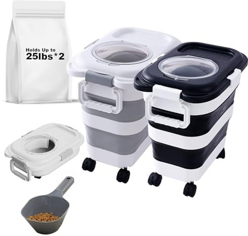 SEWIU 2pack 30 lbs Dog Food Storage Container,Collapsible Dog Food Container with Travel Silicone Bowl and Scoop,Pet Food Storage Containers to Keep Dry Food Fresh,Easy to Move.(Black+white)