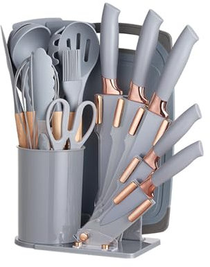 KUMOMA 19 Pieces Silicone Cooking Utensils Set Heat Resistant with Holder Wooden Handle Silicone Kitchenware Set with Knife Tool Spatula Kitchen Gadgets Utensil Set BPA Free, Gray