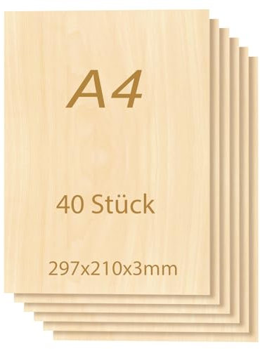 Tocome 40 unidades de madera contrachapada de tilo, A4, 297 x 210 x 3 mm, contrachapado láser, 3 mm, madera de tilo de 3 mm