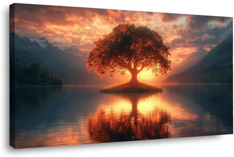 JOSUE Oro, grigio Quadri Foresta Soggiorno Su Tela, Albero della vita al tramonto Quadri Cucina Camera da Letto Dipinto Arredamento Casa-60x120cm Incorniciato