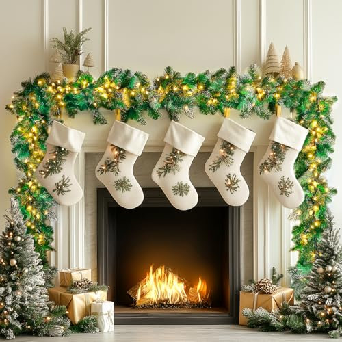 33FT/10M Christmas Garland with 200 LED Lights,Extra Long Green Xmas Garland for Fireplaces Stairs Fence Front Door Gate Porch Arch Mantle,Pre Lit Light Up Artificial Wreath Outdoor Home Decoration