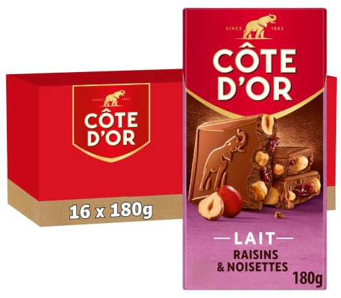 CÔTE D'OR - 16 Tablettes Côte d'Or Bloc Chocolat au Lait Raisins et Noisettes Entières 180g - Chocolat au Lait, Raisins, Noisettes Entières - Lot de Tablettes de Chocolat - Lot de 16x180g