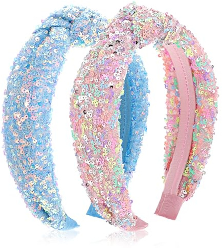 2 Stück Glitzer Haarband für Mädchen Buntes Haar-Accessoire Kunststoff Glitzernd Niedlich Rutschfest Stirnbänder Breite Dick Glitzernd Konfetti Regenbogen-Haarbänder für Kleine Mädchen Frauen