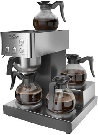 crosson 12 Tassen Gastro Edelstahl Filterkaffeemaschine mit 4 Glaskannen (je 1,5l) und 4 Wärmeplatte, Korbfilter Kaffeemaschine mit 2 Heizsystemen (Brühen/Warmhalten), inkl. 10 Stk. Papier Korbfilter