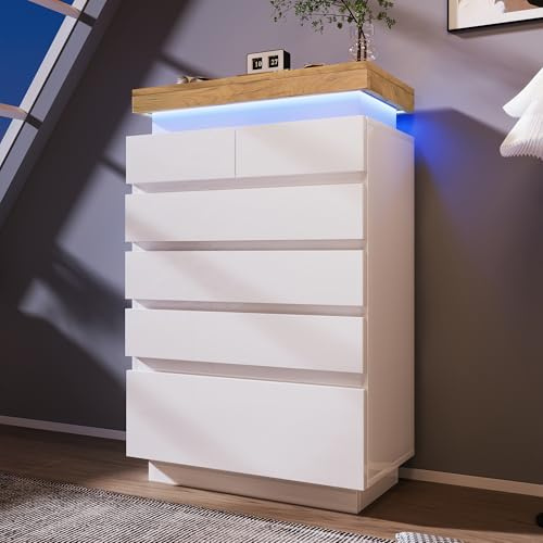 Jaxenor Sideboard Weiss Hochglanz mit 6 Schubladen, Led, Weiß | Kommode Wohnzimmer mit Led Beleuchtung (App-Steuerung), Sideboard Flur für Schlafzimmer, Büro, 115 x 73 x 39 cm, Weiß