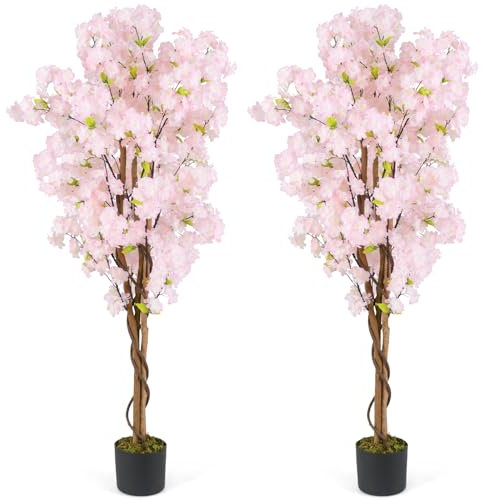 COSTWAY 2er Set Kunstbaum mit Blüten 150CM, Kunstpflanze im Topf, künstlicher Kirschblütenbaum, Blütenbaum Kirschbaum Sakura, Blumenbaum für Hochzeit Zuhause Büro, Frühlingsdekoration, Rosa
