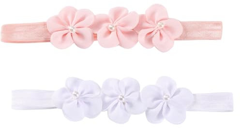 2 Pcs Fascia Capelli Neonata,Fasce in Gros Grain, Fascia per capelli morbida, turbante per fotografia neonata, Floreale Copricapo Elastici Fascette Neonata Nastri Capelli per Neonati (Bianco/Rosa)