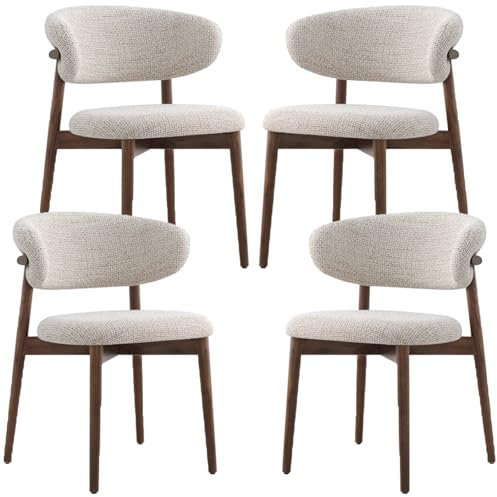 Lot de 5 chaises de salle à manger nordiques en bois massif, finition noyer, lin beige et revêtement marron