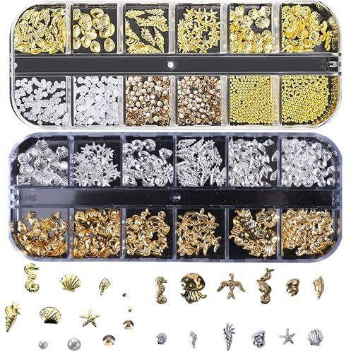 Nail Art Studs, 2 Boxes 3D Ocean Nail Studs Starfish Shell Seahorse Metal Nail Charms Gems Nail Pearls Beads for Manicure DIY Crafts (12 Girds Gold Silver A)