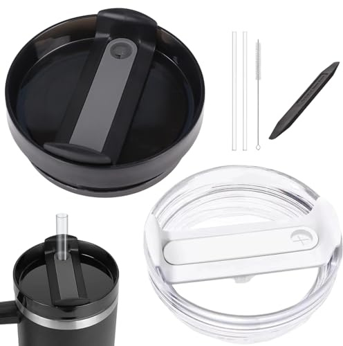 2 tapas para vasos Stanley, a prueba de fugas de 113 g, 2 pajitas, 1 cepillo para pajitas, 1 herramienta extracción, repuesto reutilizable Tapa a prueba fugas para accesorios Stanley Quencher (Negro)