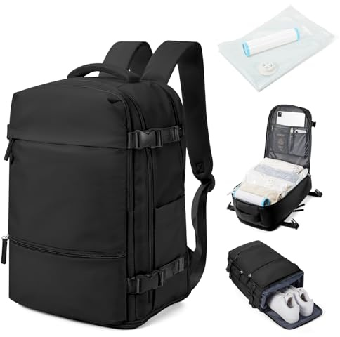 HPLQQ Zaino Ryanair 40x20x25 Sottovuoto da Viaggio con Pompa Aereo Bagaglio a Mano 20L Borsa da Cabina 40x30x20 per Uomo e Donna Lavoro e Scuola Casual Daypack Impermeabile per laptop 14,F1-Nero