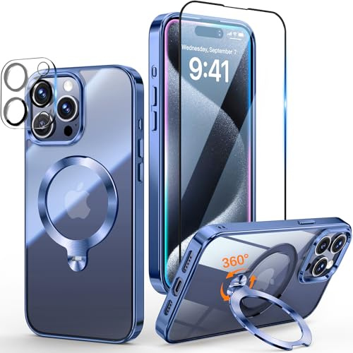 Yoouther 3 in 1 Magnetische Hülle für iPhone 15 Pro 6.1 [360° CD Unsichtbarer Drehständer für MagSafe] [Mit Stück Schutzfolie & Kameraschutz] [Nie Vergilbung] Militärschutz Stoßfest, Blau