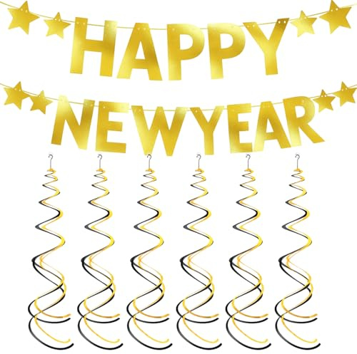 Silvester Deko 2027, Happy New Year Banner Mit 6 Schwarzen Und 6 Goldenen Spiralen, Festliche Dekoration Für Silvesterparty, Familienfeiern Und Firmenevents