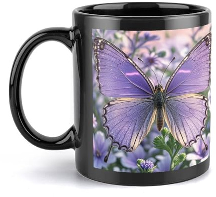 FekiLoot Lovely Purple Butterfly Mugs for Men Women Modern Coffee Cups Ceramic Black Mug with Large Handles Novelty Tea Cup Cute Travel Mug Gifts for Home Office Party 12 Oz