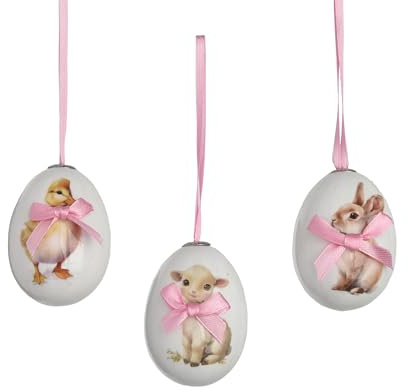 Ostereier zum Aufhängen mit Ostertieren 4x6cm Kunststoff 6er Set - mit Aufhänger & Schleife - Deko Eier für Ostern Frühling - Kunststoffeier Osterdeko Hängedeko Frühlingsdeko bruchfest