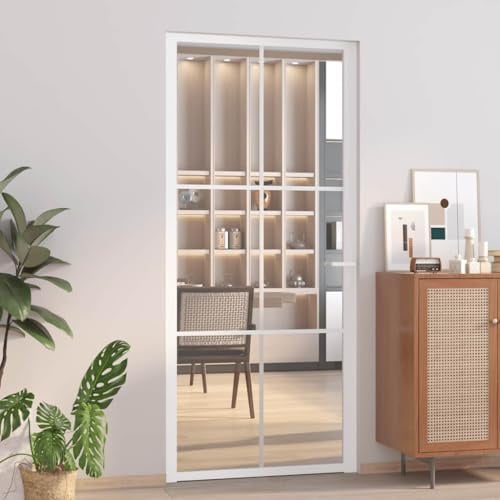 LoogCape Puerta interior de vidrio templado y aluminio blanco, 93 x 201,5 cm, cristal templado de 5 mm, cristales transparentes, puerta moderna para habitación de madera con paso de luz y líneas