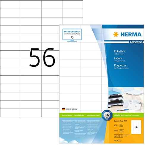 HERMA 4273 Universal Etiketten, 100 Blatt, 52,5 x 21,2 mm, 56 pro A4 Bogen, 5600 Stück, selbstklebend, bedruckbar, matt, blanko Papier Klebeetiketten Aufkleber, weiß